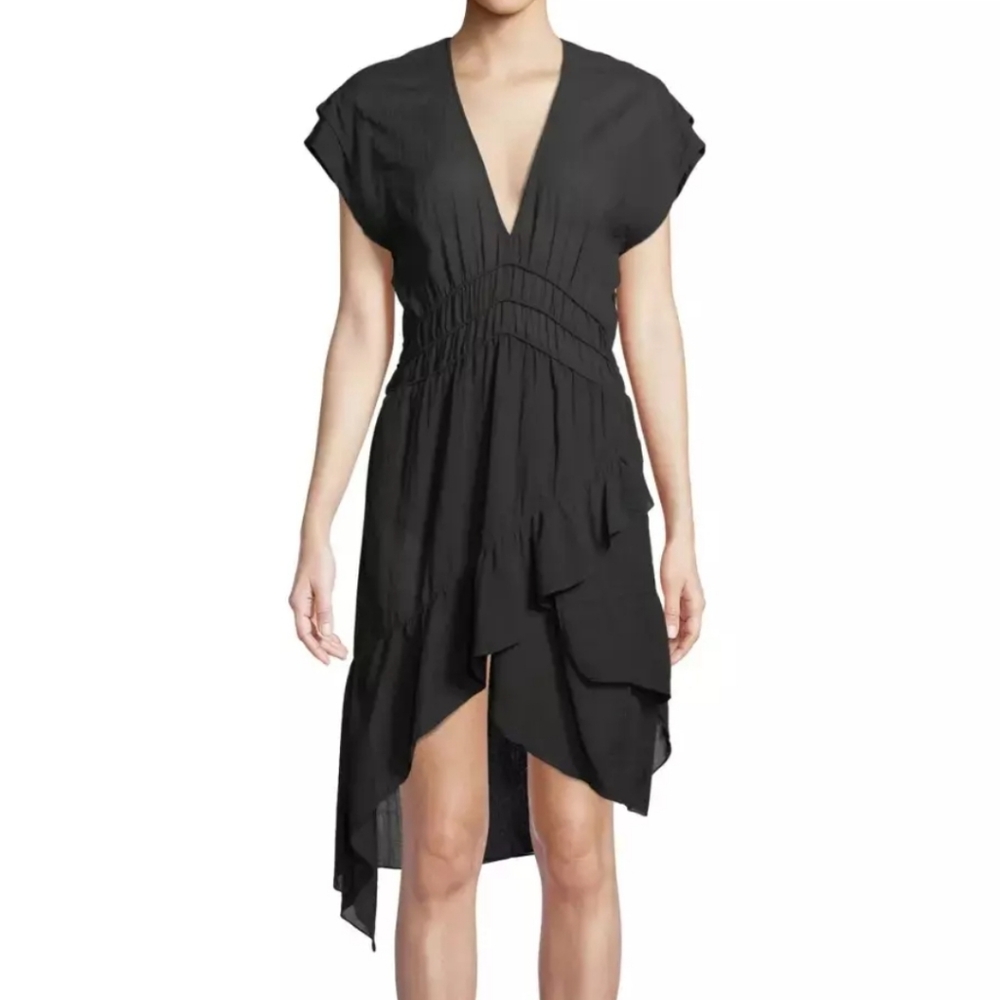 IRO PARIS Foroura Gauze Asymmetrical Tiered Mini Dress 34/US-2 Black $295